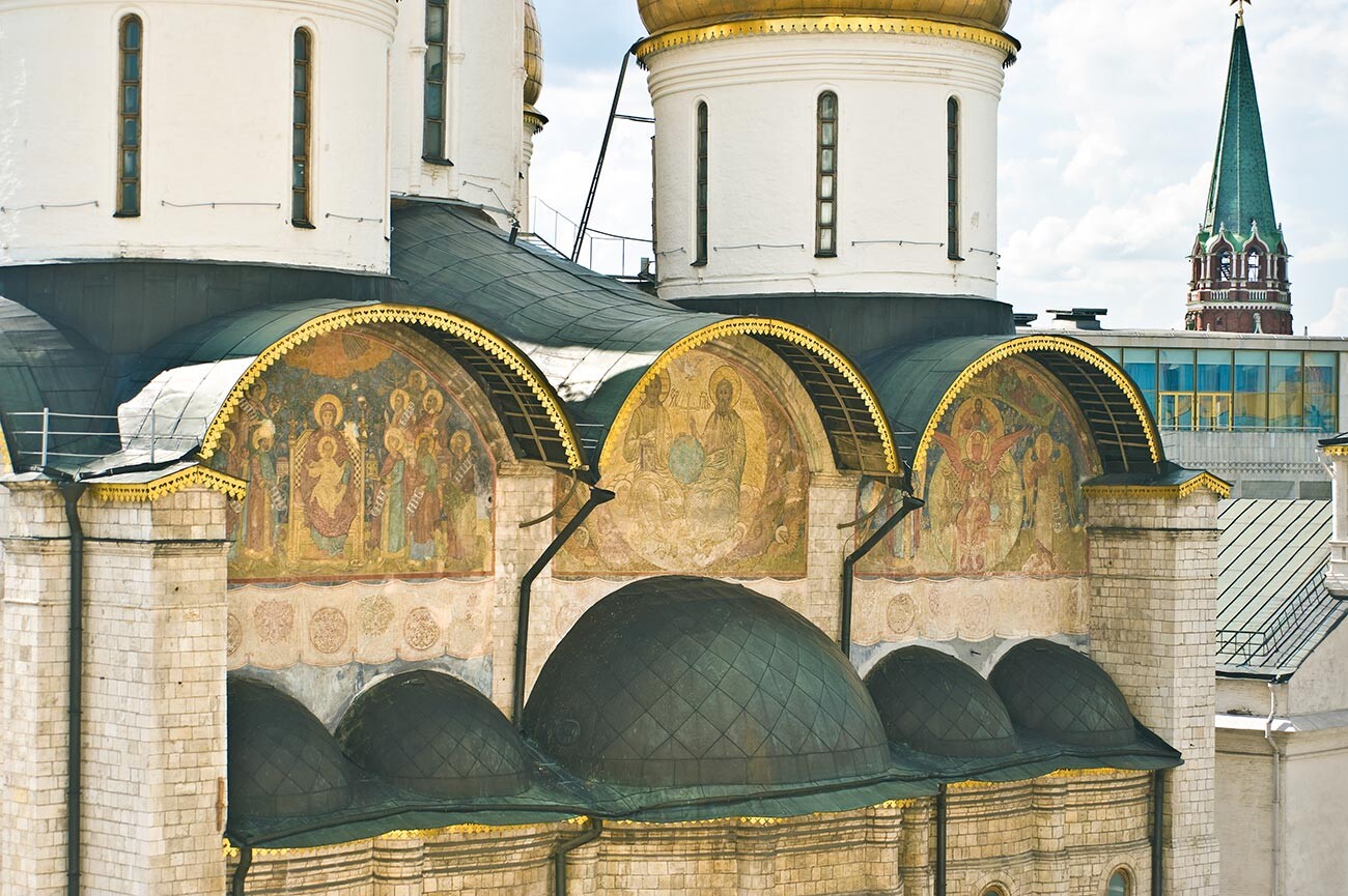 Dormition Cathedral. East facade, frescoes above apse (view from Bell Tower of Ivan the Great). July 17, 2009