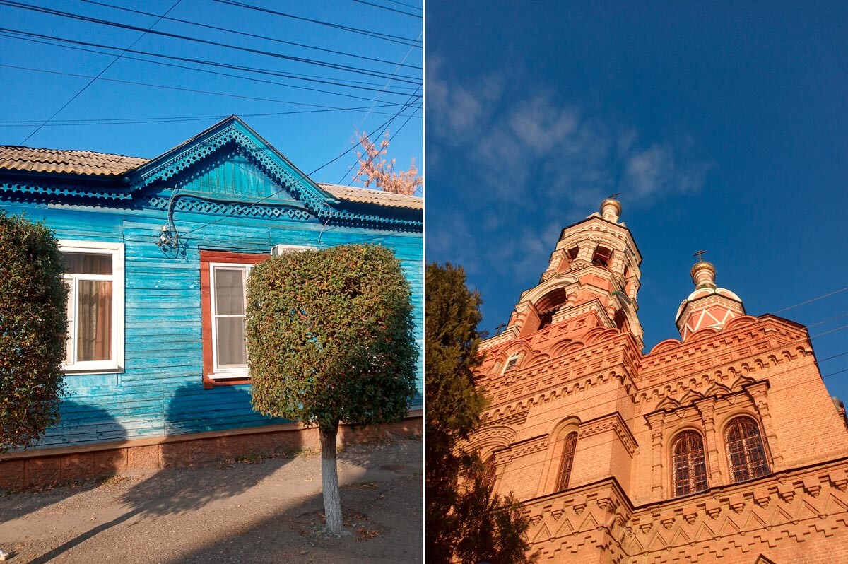 A wooden house outside the center (L); One of Astrakhan's older churches