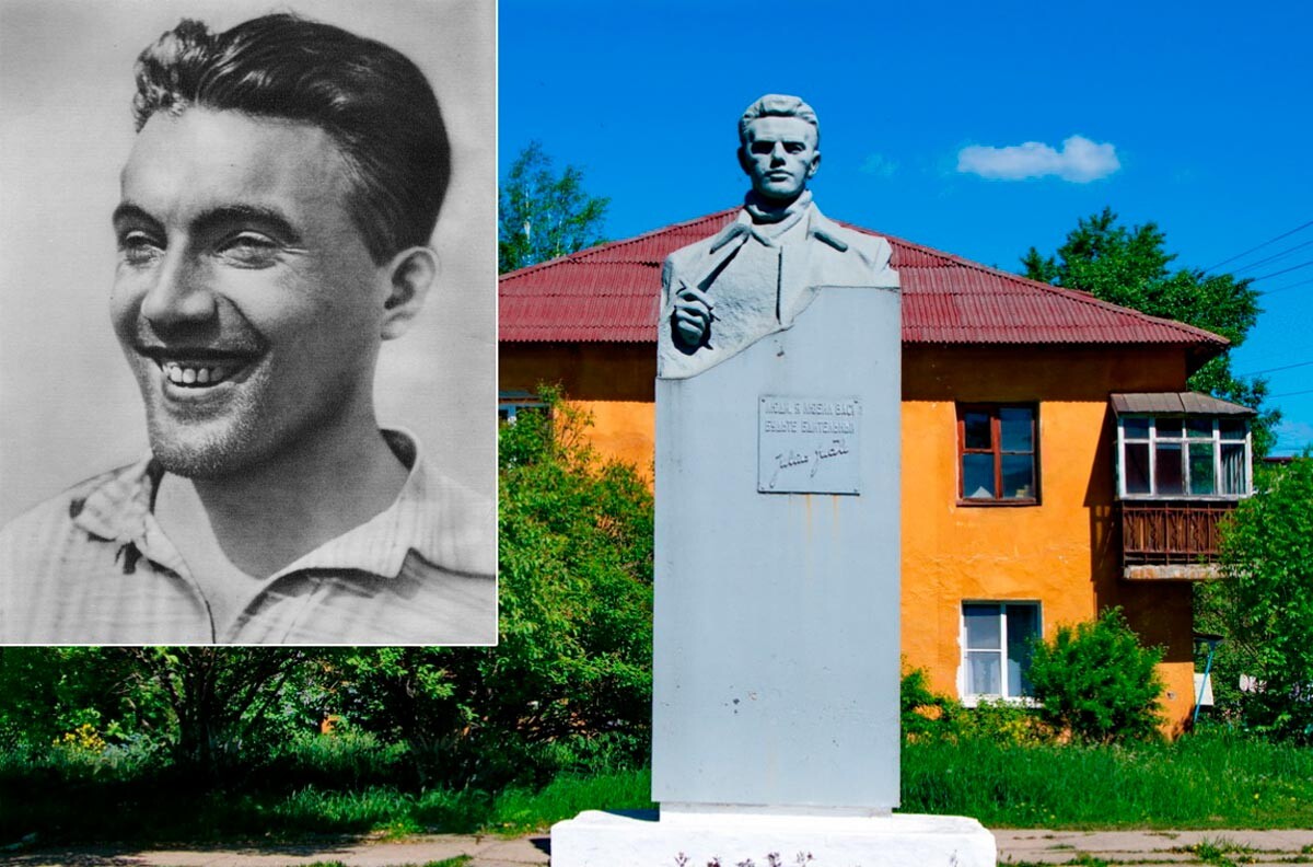 Portrait of Julius Fučík and a monument to him in the city of Pervouralsk 