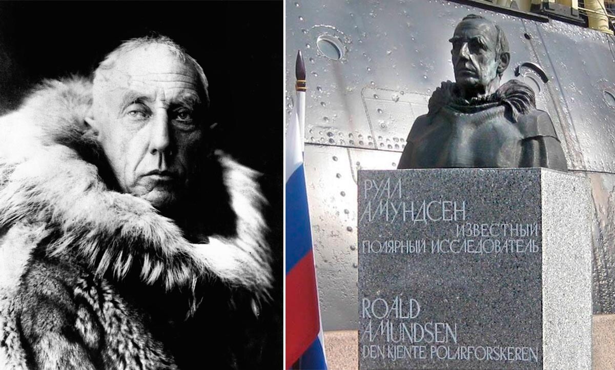 Roald Amundsen (L); Monument to Roald Amundsen in St. Petersburg
