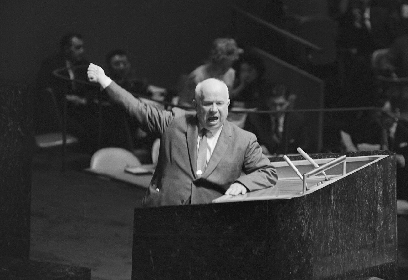 Khrushchev speaking at United Nations (without any shoe in his hand)