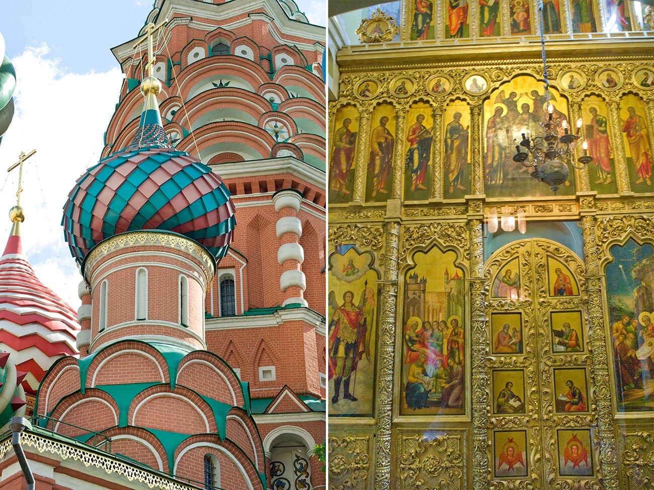 Left: St. Basil's, Church of the Three Prelates, northeast view. Right: St. Basil's, Church of the Three Prelates. Icon screen. 2012