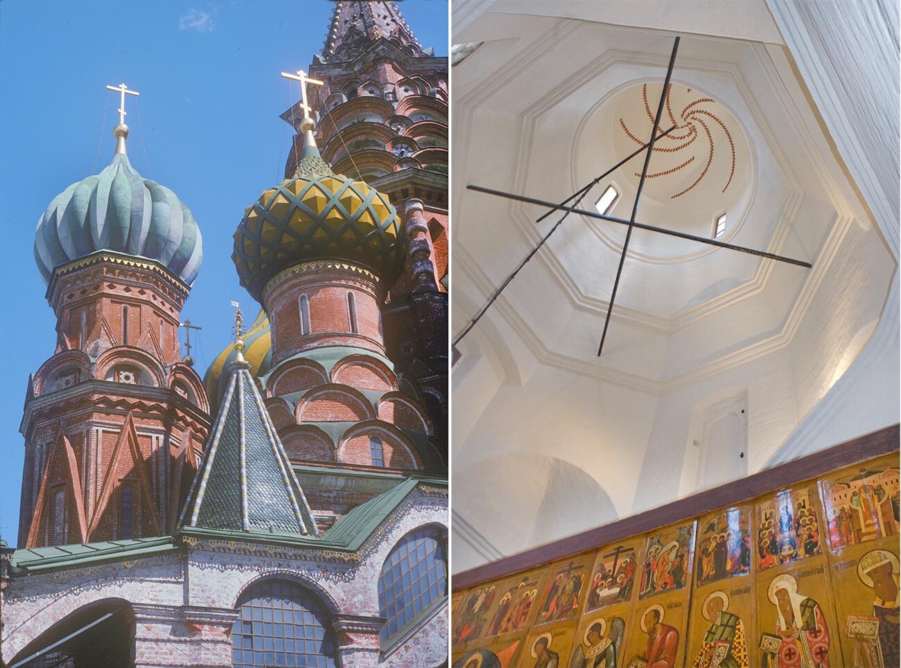 Lleft: St. Basil's, west view. Church of St. Gregory (right) & Church of Sts. Cyprian & Justina. June 15, 1994.
Right: St. Basil's, Church of St. Gregory of Armenia, interior. View toward dome with upper tiers of icon screen. June 2, 2012
