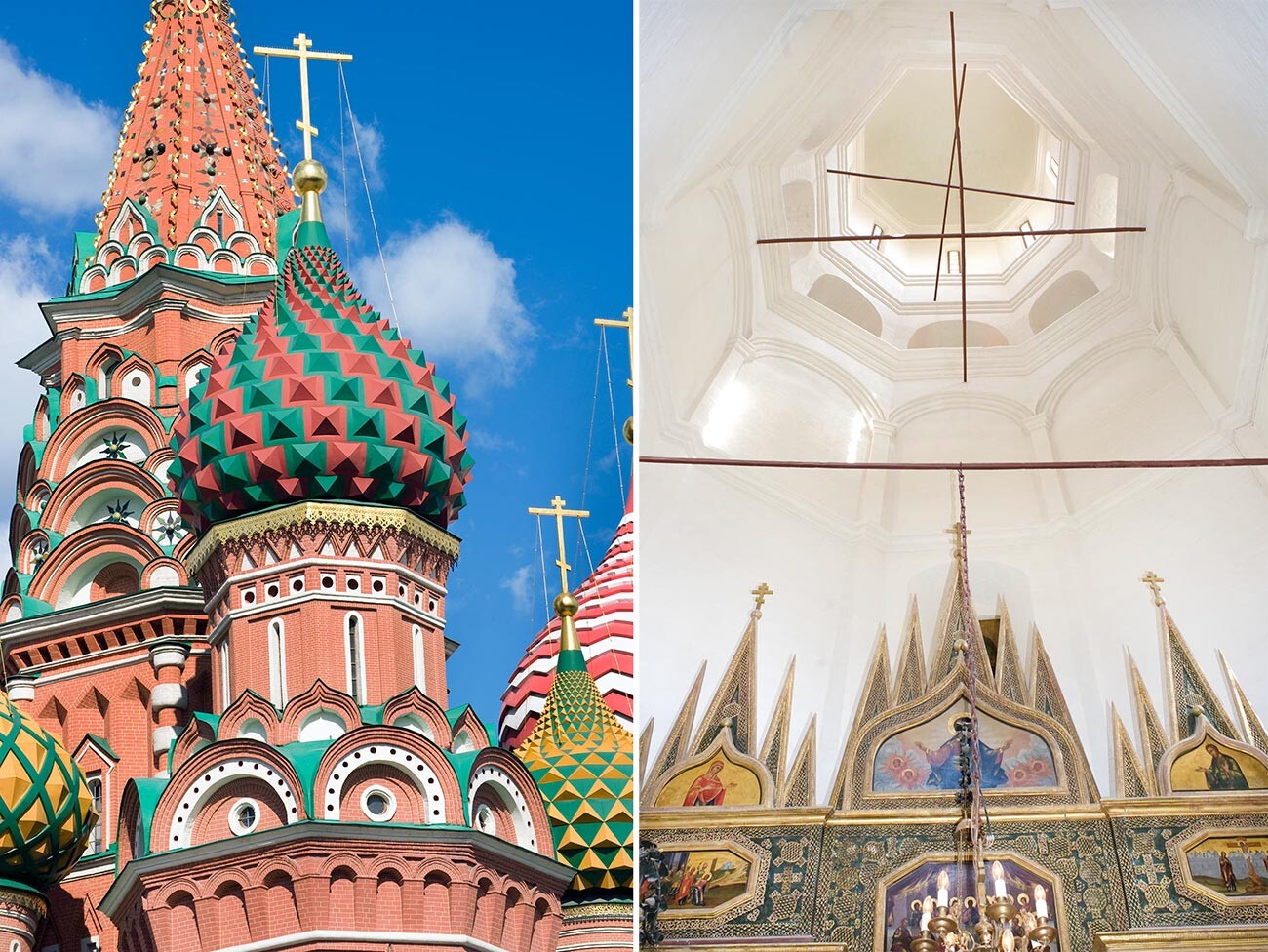 Left: St. Basil's, Church of Entry into Jerusalem, northwest view. 
Right: St. Basil's, Church of Entry into Jerusalem, interior. View toward dome with upper tier of 19th-century icon screen. 2012