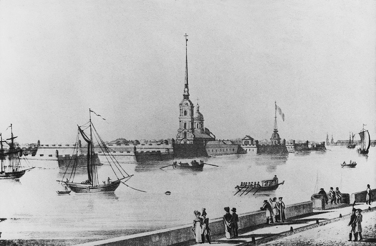 Boats on the Neva River in front of the Peter and Paul Fortress