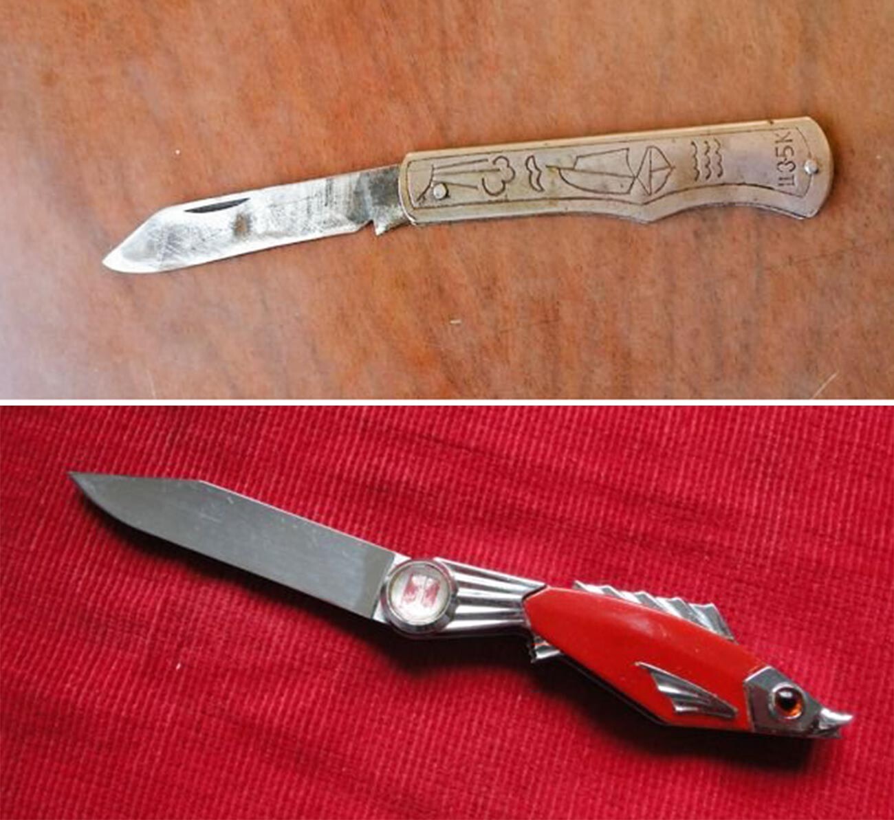 'Shkolnik' (upper) and 'Fish' (lower) pocket knives.