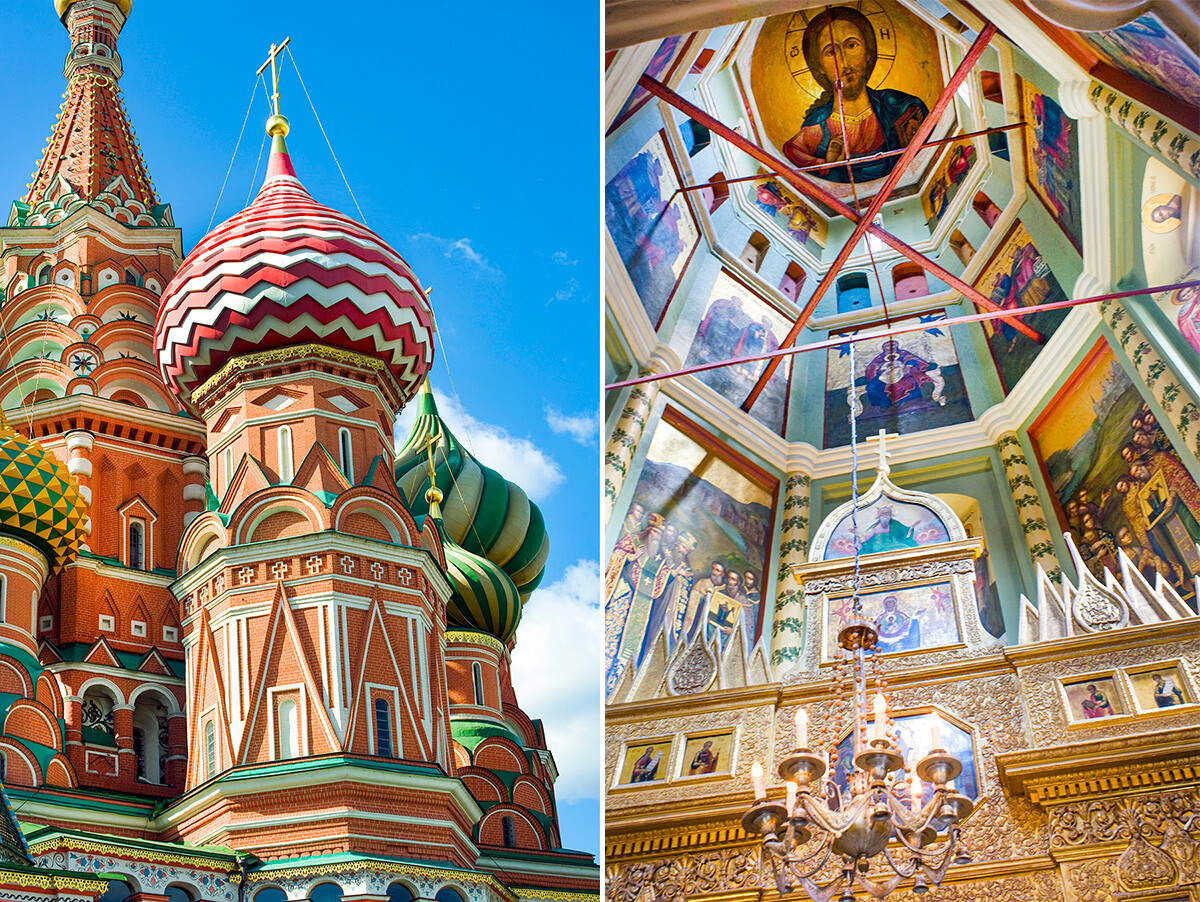 Left: St. Basil's. Church of the Velikoretsky Icon of St. Nicholas, southwest view. May 26, 2012. Right: St. Basil's. Church of the Velikoretsky Icon of St. Nicholas, interior. View of tower with upper tier of icon screen. June 2, 2012