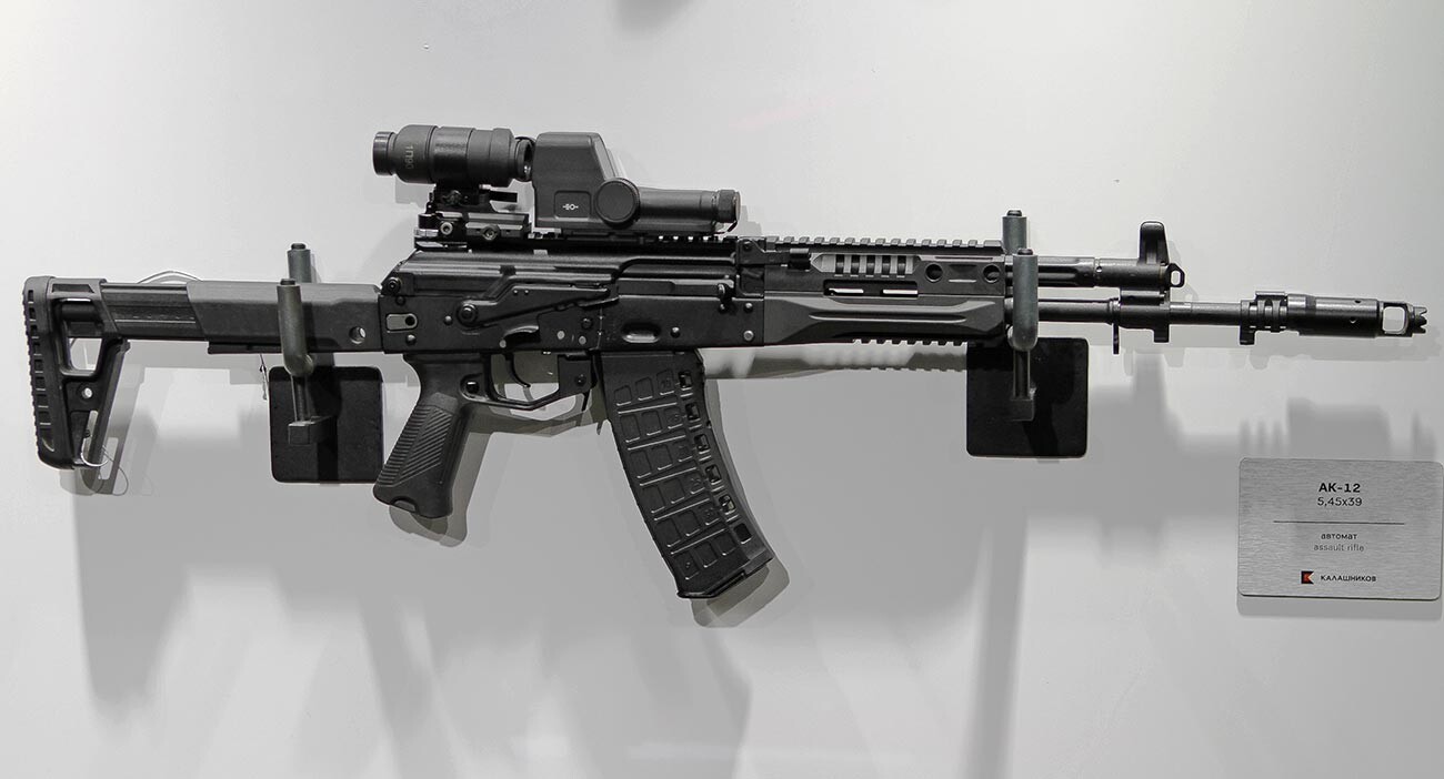 5.45×39mm chambered AK-12 featuring a redesigned polymer stock, pistol grip and trigger guard, and new rear sight as used in the 5.56×45mm NATO chambered AK-19 variant under development. AK-12 