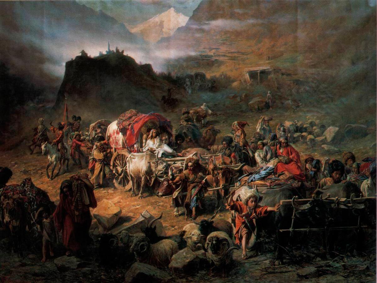 Abandonment of an aul by highlanders at the approach of Russian troops, 1872.
