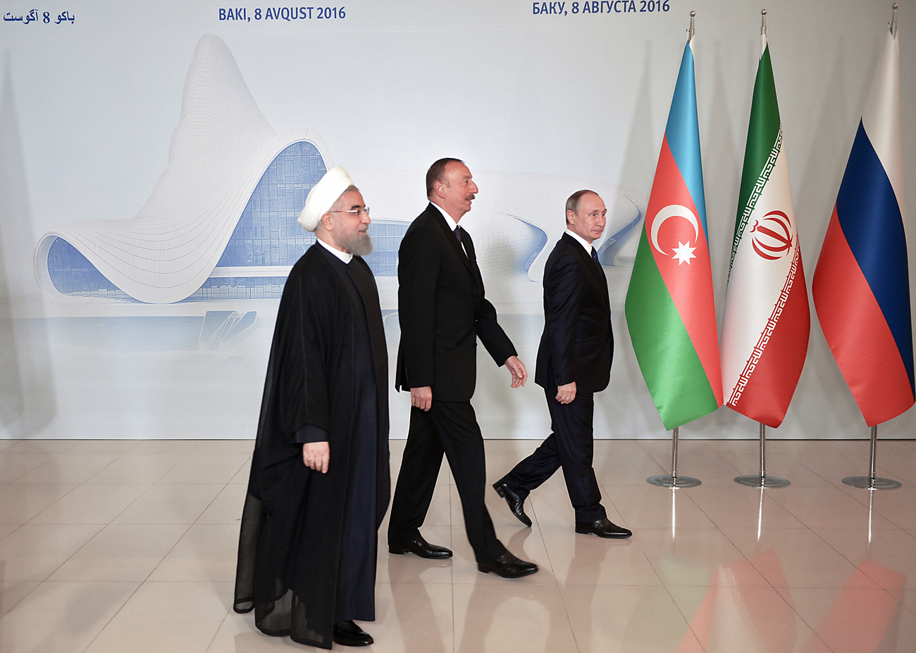 Russian President Vladimir Putin, President of Azerbaijan Ilham Aliyev and Hassan Rouhani, President of the Islamic Republic of Iran, during a photo session prior to the beginning of the trilateral meeting in Baku, on Aug. 8, 2016. Source: Aleksey Nikolskyi/RIA Novosti