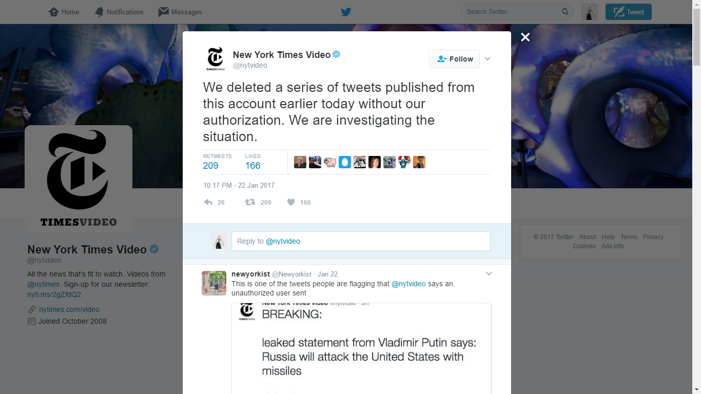 Diretas, Akun Twitter The New York Times Sebut Rusia Akan Serang AS