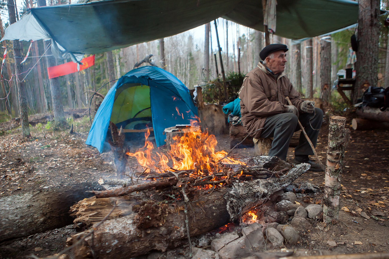 Elderly people from the village of Suna have set up a camp to defend the forest from being cut out by the Saturn Nordstroy company. The company is to start excavating a sand and gravel pit in the Suna forest; this can lead to forest destruction, as well as extinction of Lobaria pulmonaria, a seriously endangered species of lichen. Photo: Vasily Diykov, a defender of the Suna forest in Kondopozhsky District. Source: Igor Podgorny/TASS