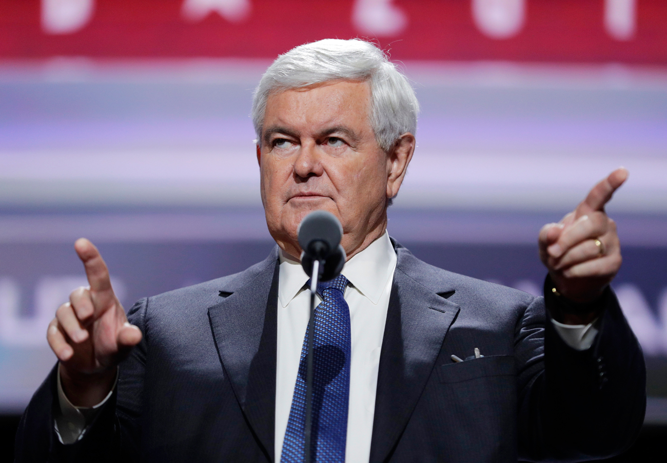 Former Speaker of the House Newt Gingrich tests the speaking setup before the third day session of the Republican National Convention, July 20, 2016, in Cleveland. Source: AP