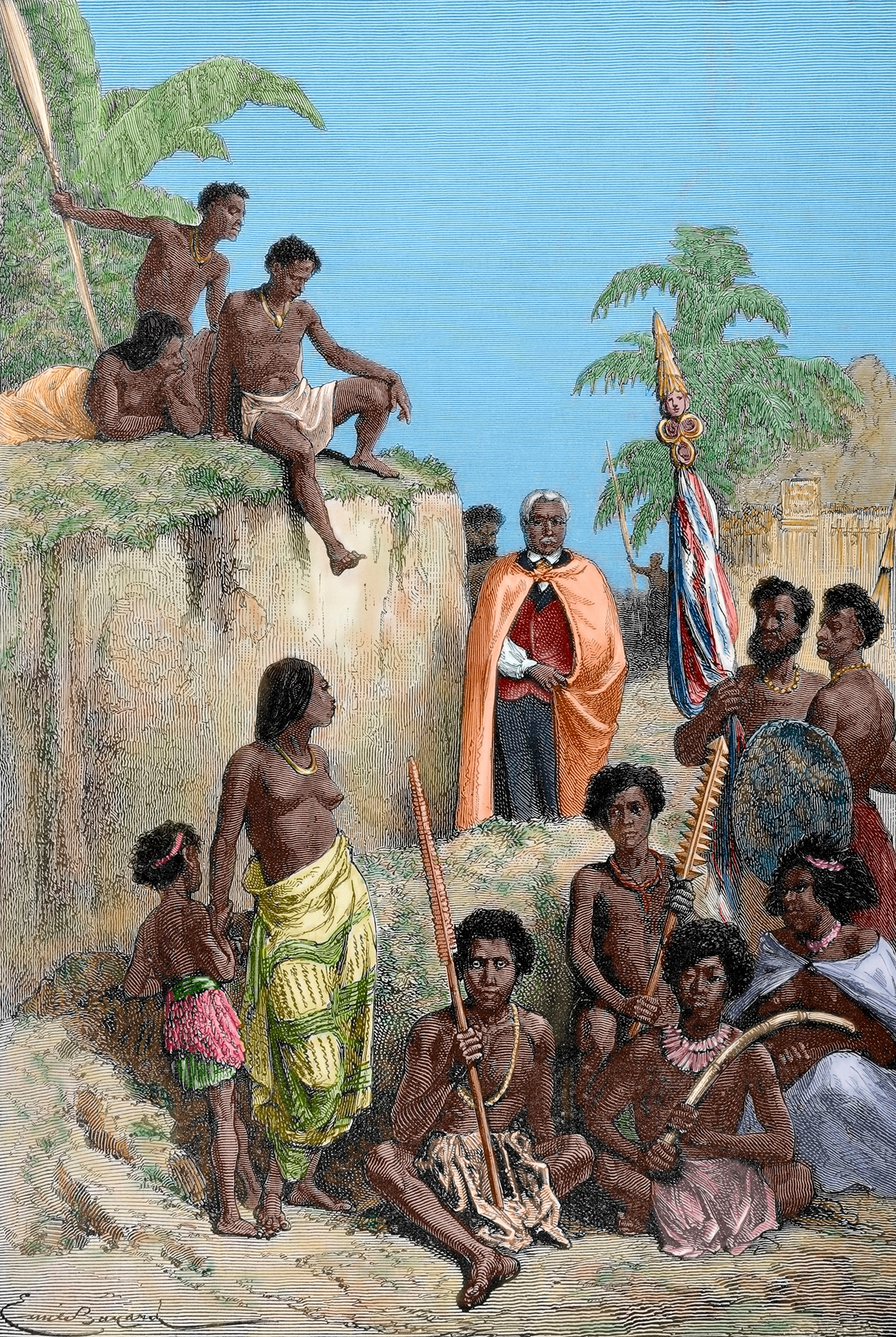 Kralj otoka Havaji Kamehameha I (1758-1819) in njegovi bojevniki, 1819. Upodobil E. Bayard / The Illustrated World, 1880. Vir: Getty Images