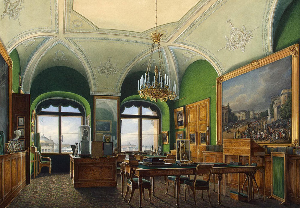 L'artista russo Eduard Gau ha illustrato nei suoi dipinti ad acquerello tutto lo splendore, la luminosità e l'opulenza degli interni del palazzo imperiale. Nella foto, il grande salone