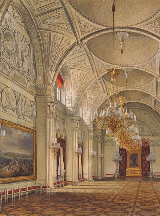Il Palazzo d'Inverno illustrato nei dipinti di Gau è stato utilizzato come residenza invernale ufficiale degli imperatori russi dal momento del suo completamento nel 1762 fino al 1904. Nell'immagine, la sala di Alessandro