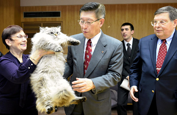 シベリア猫を受け取る秋田県の佐竹知事=  AFP/East News撮影