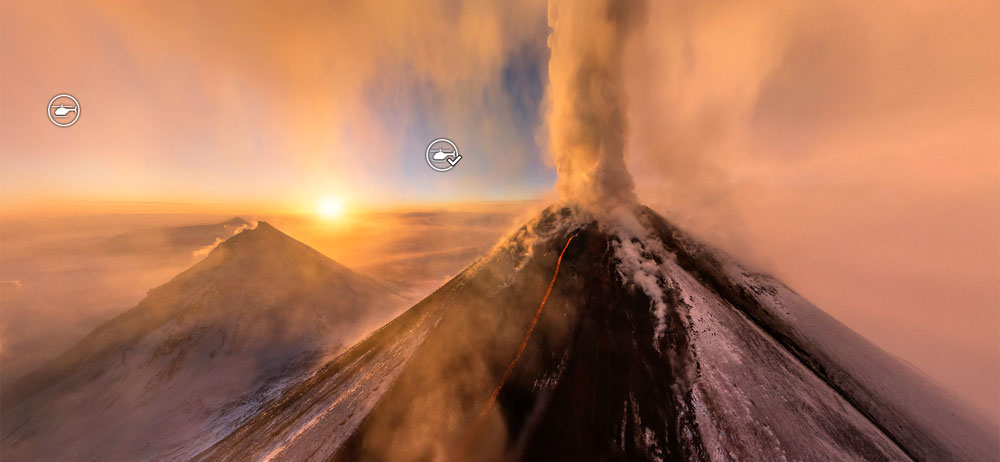 Volcano eruption on Kamchatka in 3D aerial panorama