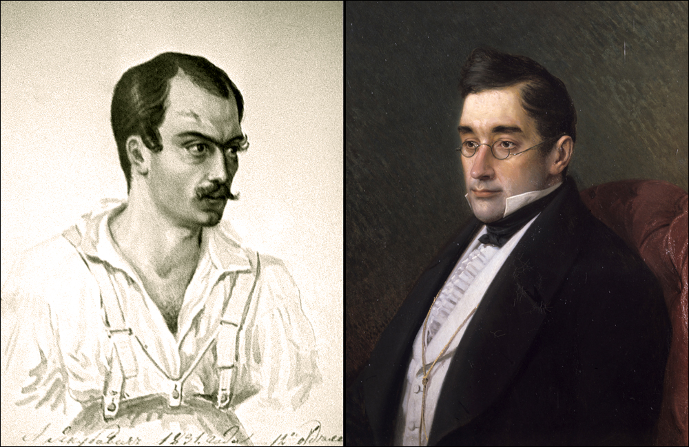 Retratos de Alexander Yakúbovich (a la izda) y de Alexander Griboiédov (a la decha). Fuente: RIA Novosti.