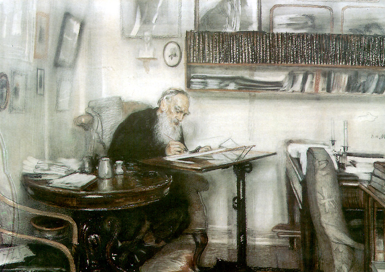 Tolstoy working in his library at Yasnaya Polyana. Painted by V. Meshkov.\n