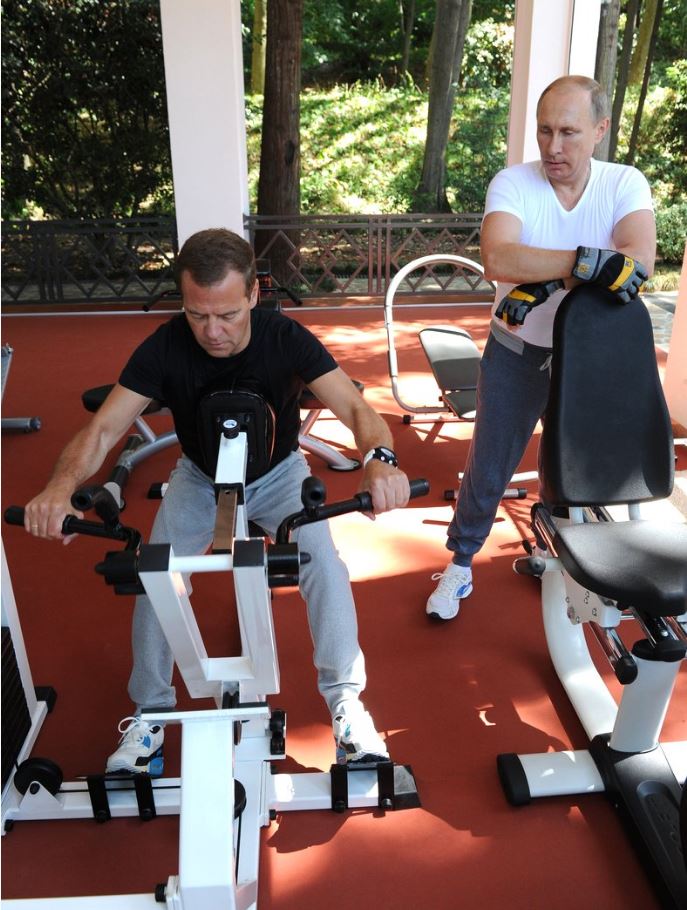 Vladimir Putin and Dmitry Medvedev working out at the Bocharov ruchei Presidential residence.