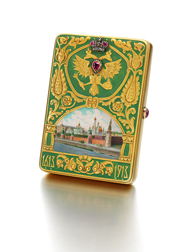 A rare and magnificent Imperial Presentation Fabergu00e9 jeweled gold and enamel cigarette case made for the Romanov Tercentenary, Moscow, 1913. 