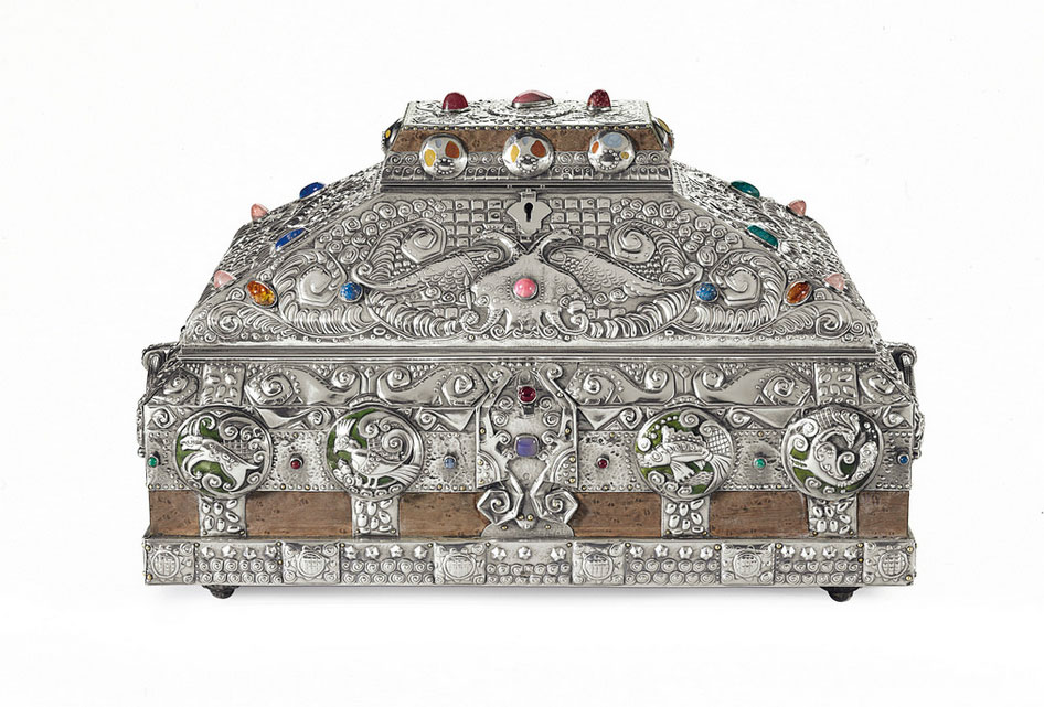 An impressive and large gem set silver mounted and enamel wood casket, Khlebnikov 1908-1917