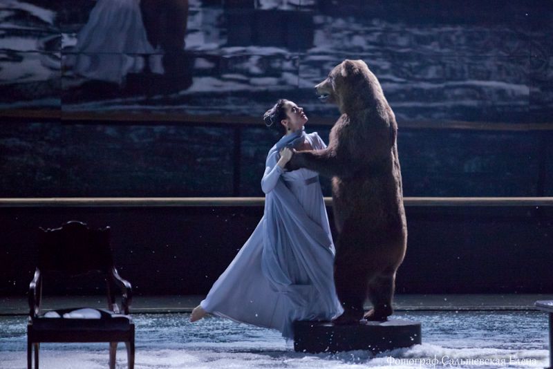 Olga Lerman as Tatyana Larina, dancing with a bear. Eugene Onegin of Vakhtangov Theater.  Source: Yelena Salshevskaya / press photo