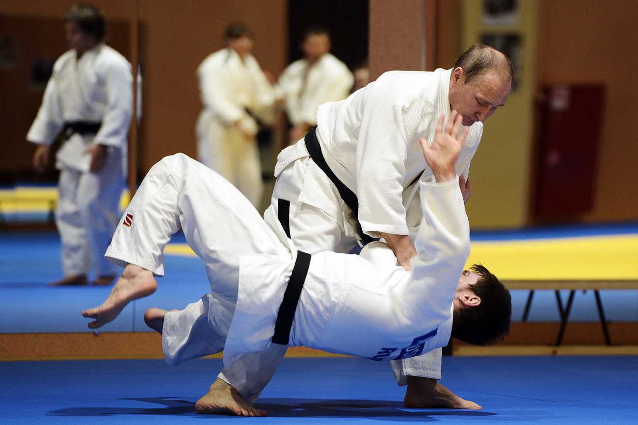 President Vladimir Putin (top) seen during a training session of the Russian judo team at the Yug-Sport Southern Federal Center for Sports Training. Source: Alexey Nikolsky / TASS