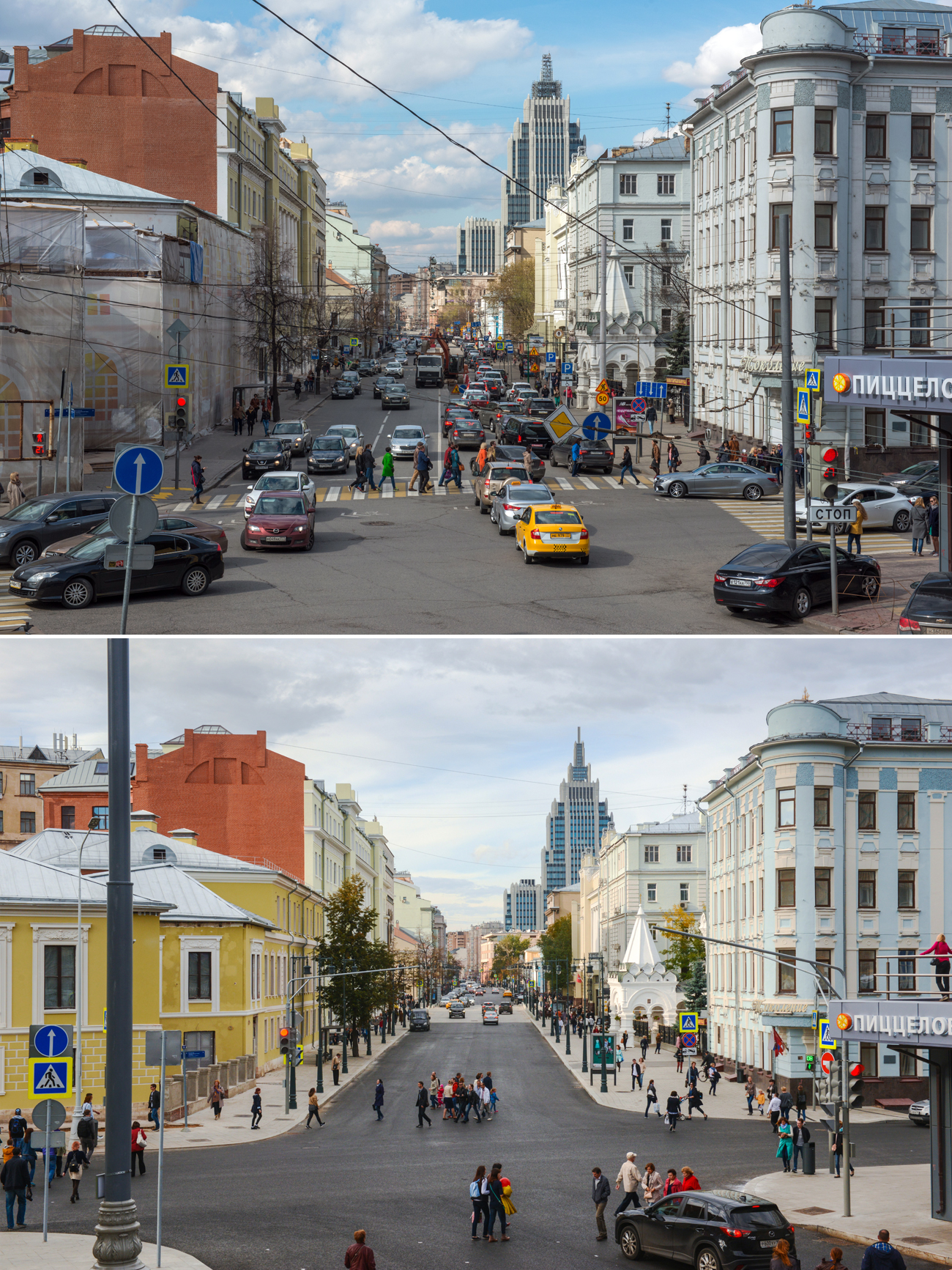 Rue Malaïa Dmitrovka avant et après la rénovation. Crédit : Nikolaï Galkine/TASS