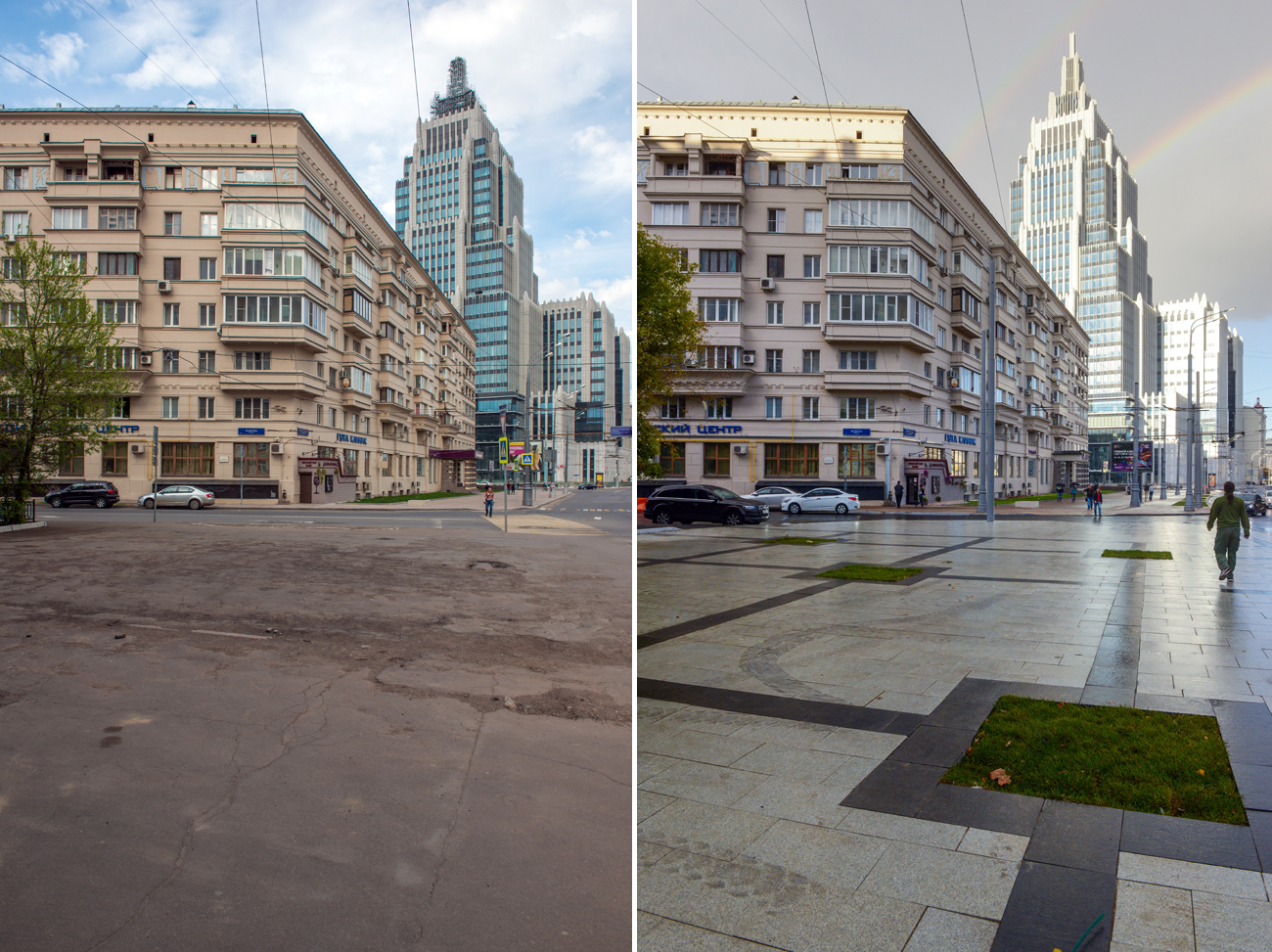 Antes e depois da rua Orugeini, no centro de Moscou Foto: Nikolai Galkin/TASS