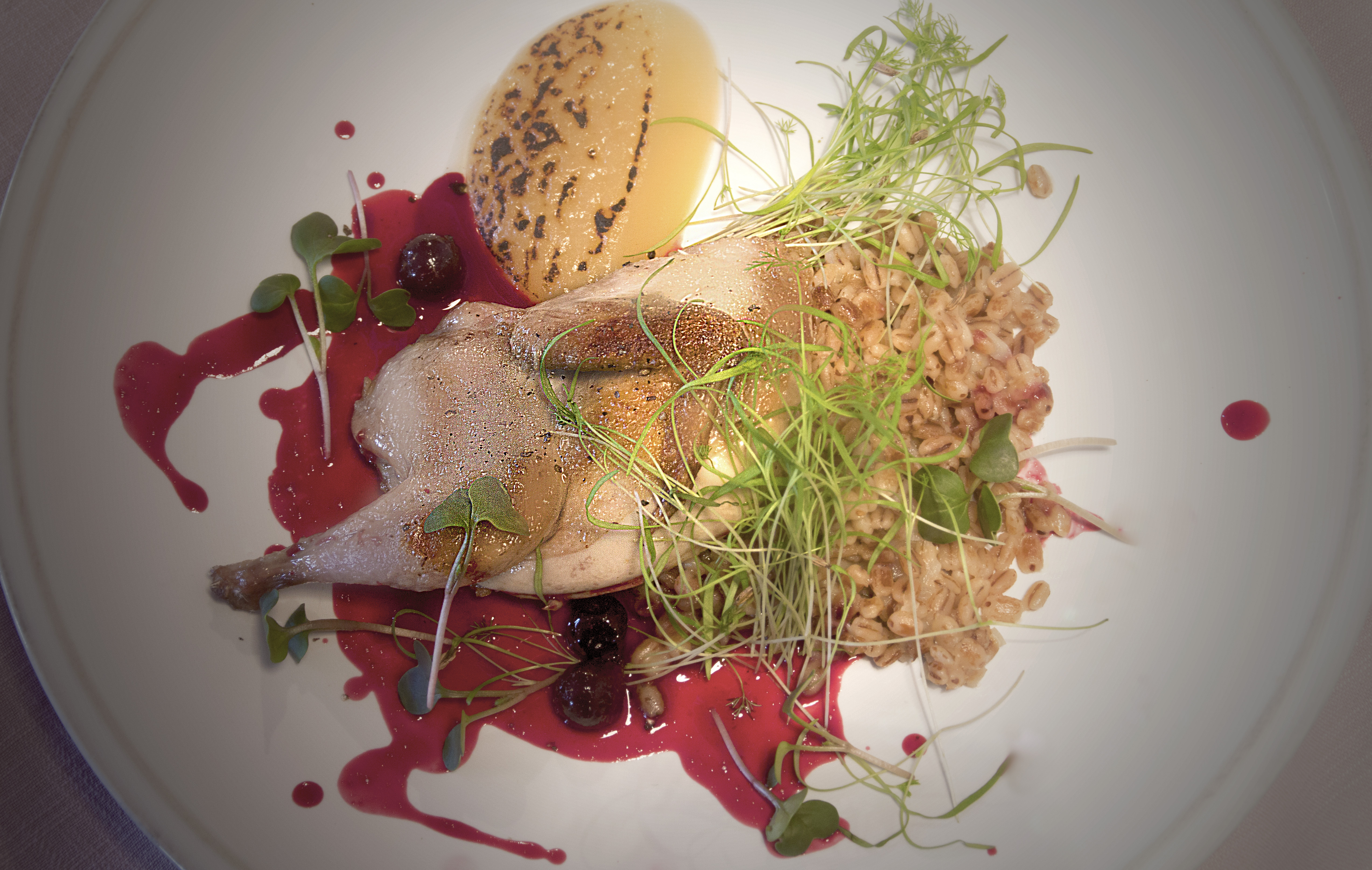 Russian-French Gastronomic Seasons: Quail with pearl barley and apple puree