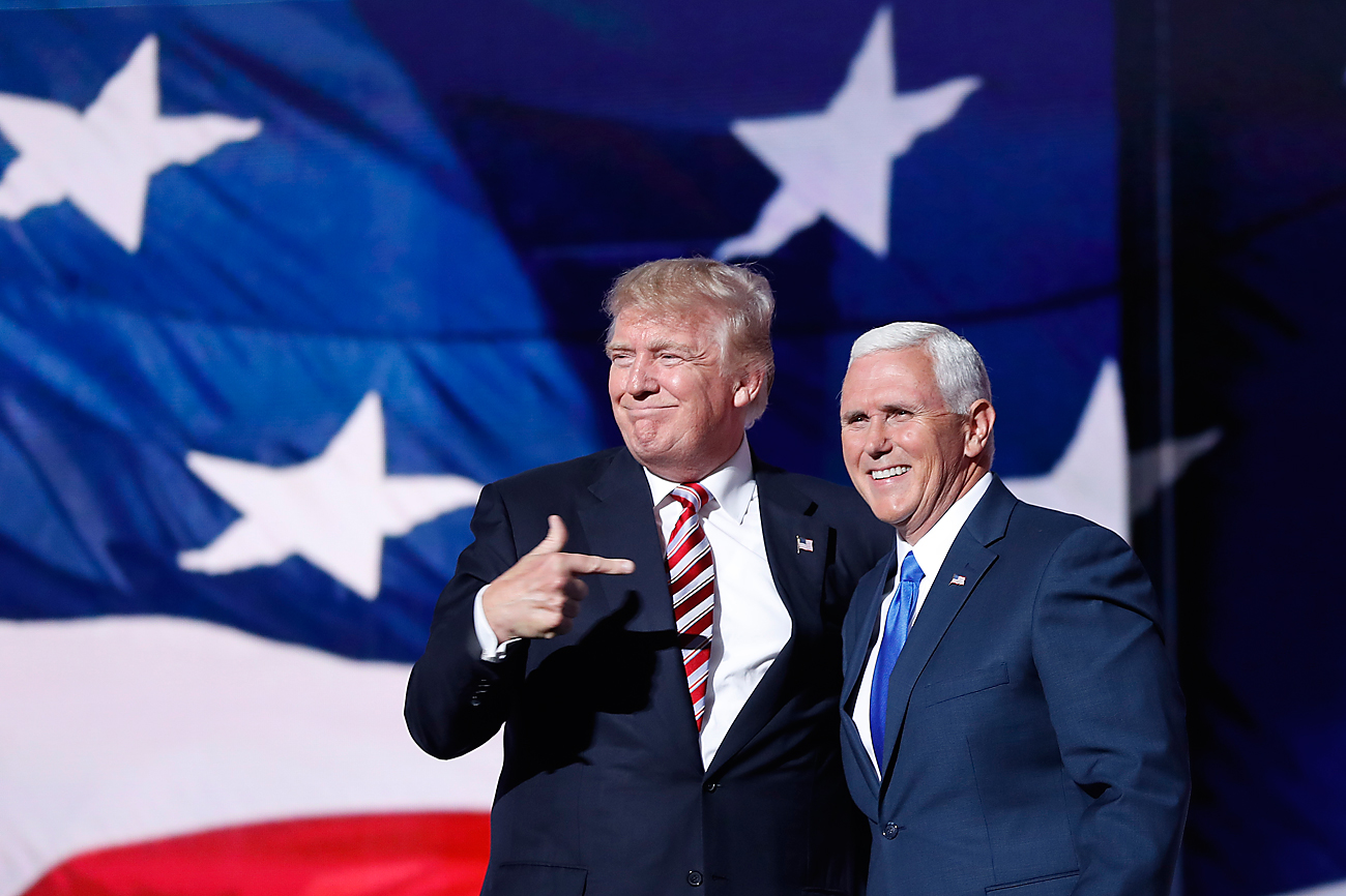 Republican presidential Candidate Donald Trump, points toward Republican Vice presidential candidate Gov. Mike Pence of Indiana after Pence's acceptance speech during the third day session of the Republican National Convention in Cleveland, July 20, 2016. Source: AP