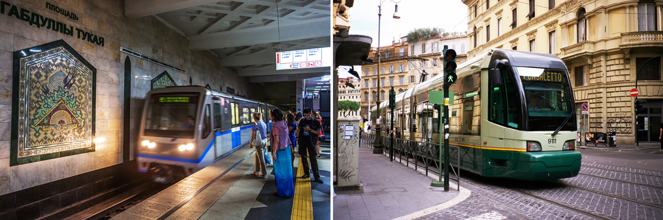 L: Metro station in Kazan, R: Tramway in Rome. Source: Yegor Aleyev/TASS; AFP/East News; RBTH