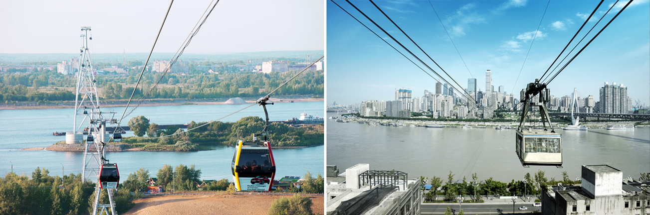 L: The cable car system in Nizhny Novgorod, R: Cableway over Yangtze river in Chongqing, China. Source: Lori/Legion-Media; Vostock-Photo; RBTH
