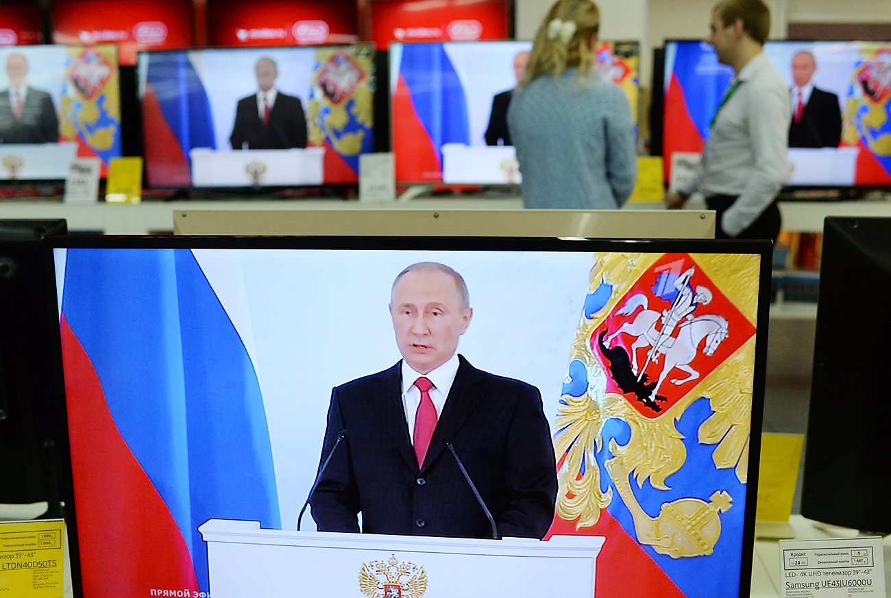 Prenos vsakoletnega nagovora Vladimirja Putina Zvezni skupščini. Vir: Aleksеj Malgavko/RIA Novosti