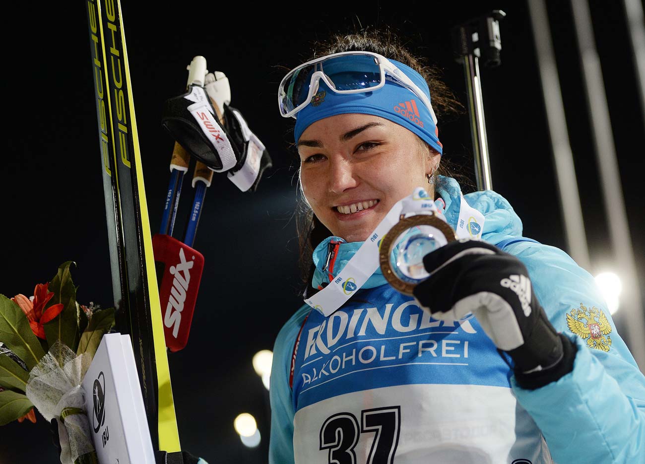 Tatiana Akimova, gold medal winner of the women's sprint at the 2016-17 Biathlon World Cup 3 in Nove Mesto na Morave, Czech Republic, during the medal ceremony. / Source: Alexey Filippov / RIA Novosti