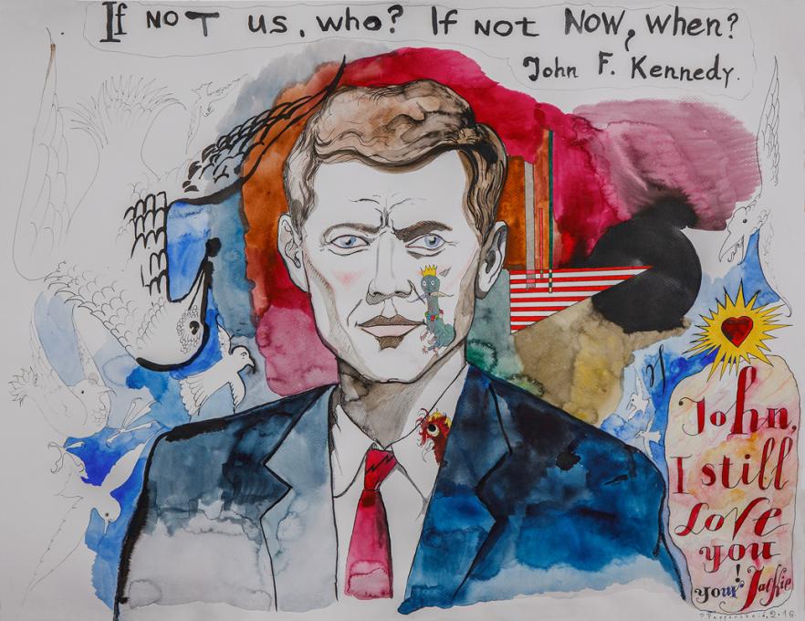 One of the drawingsquotes John F. Kennefy: "If not us, who? If not now, when?" and gives a fantasy quote from Jackie: "I still love you" Source: Pavel Pepperstein