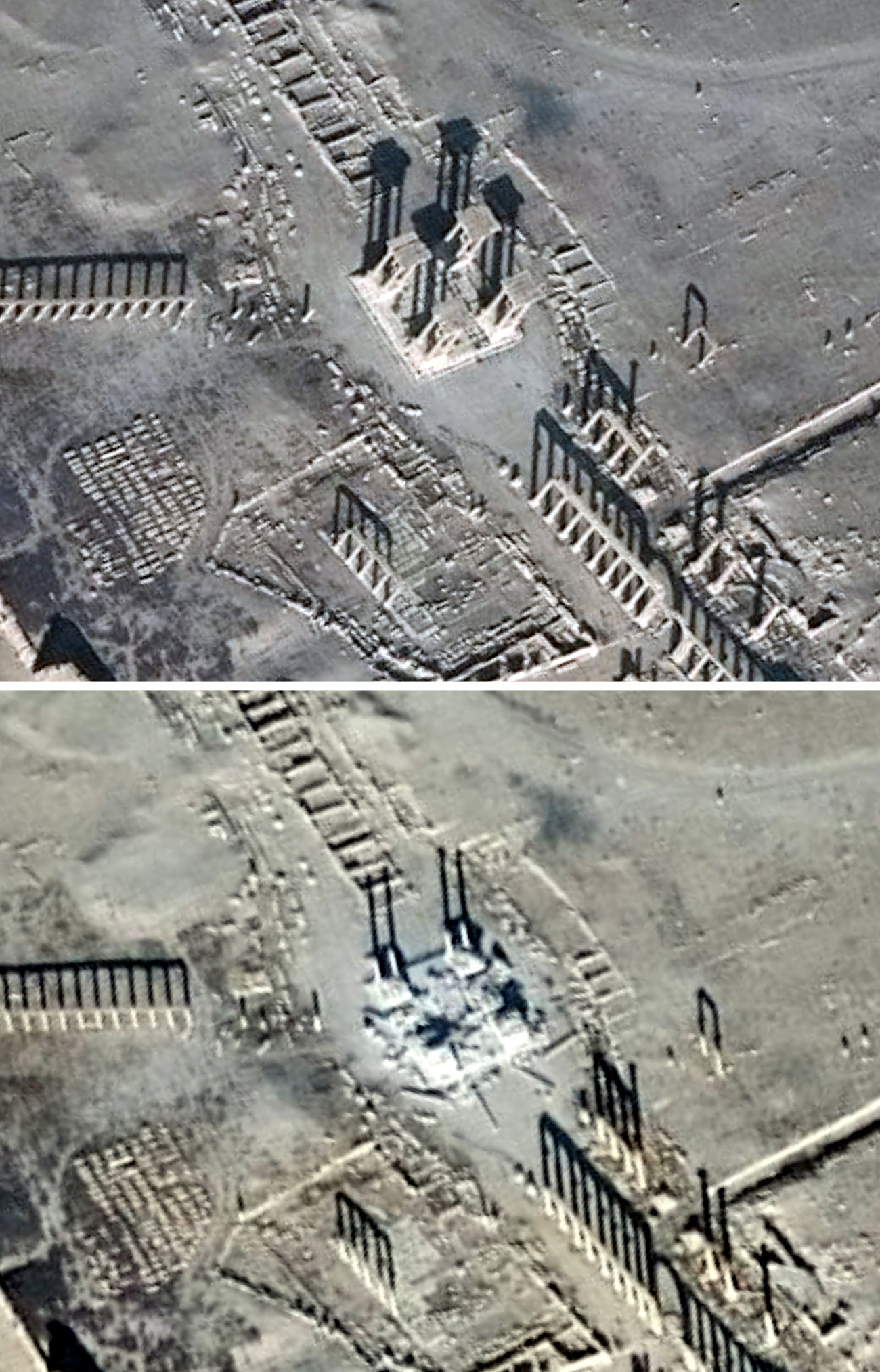 A combination of satellite pictures shows the Tetrapylon before and after it was damaged, in the historical city of Palmyra, in Homs Governorate, in these handout picture acquired on Dec. 26, 2016 (top) and Jan. 10, 2017 / Source: Reuters