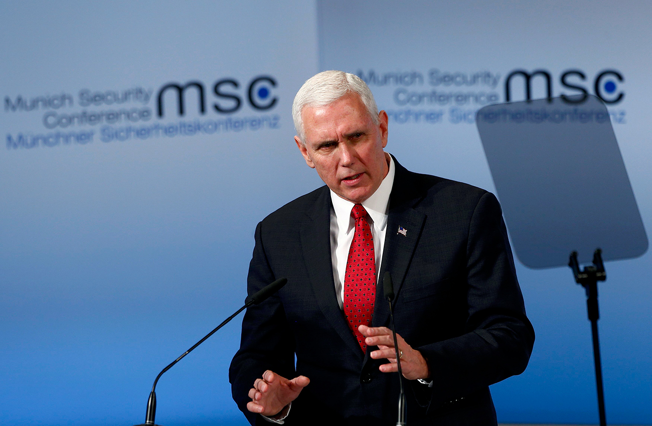 Mike Pence nastopa pred udeleženci 53. Münchenske varnostne konference, 18. februar 2017. Vir: Reuters