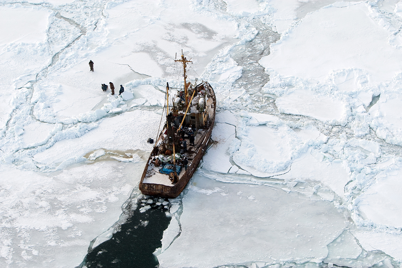 Sakhalin regional search-and-rescue base evacuates the crew of the ice-bound seiners that spent nearly a week at Terpeniya [Patience] Bay in Okhotsk Sea before they were rescued. Source: Sergey Krasnouhov/RIA Novosti. Source: Sergey Krasnouhov/RIA Novosti