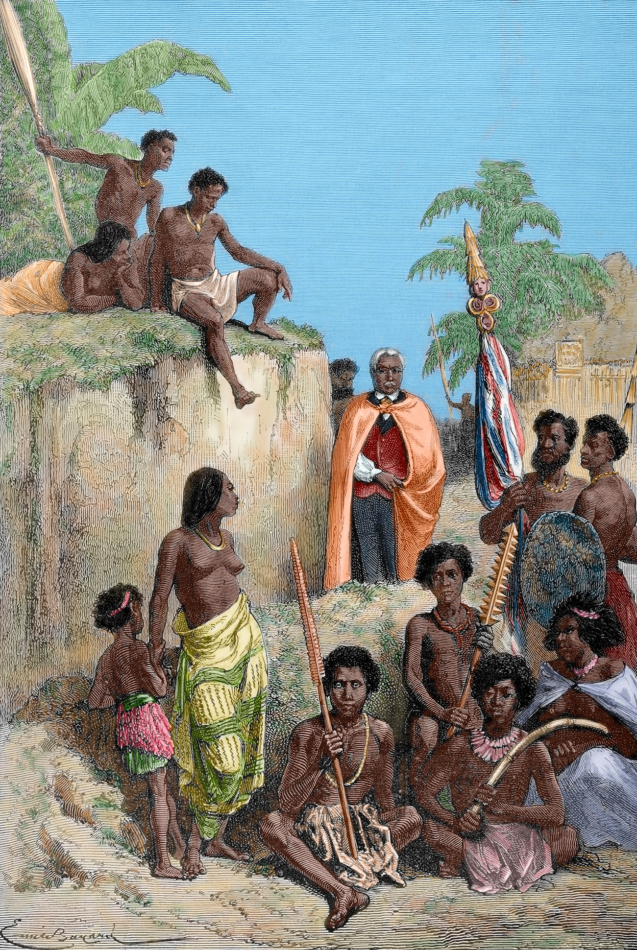 King of Hawaii Island, Kamehameha I (1758-1819) and his warriors, 1819. Engraving by E. Bayard / The Illustrated World, 1880. Source: Getty Images