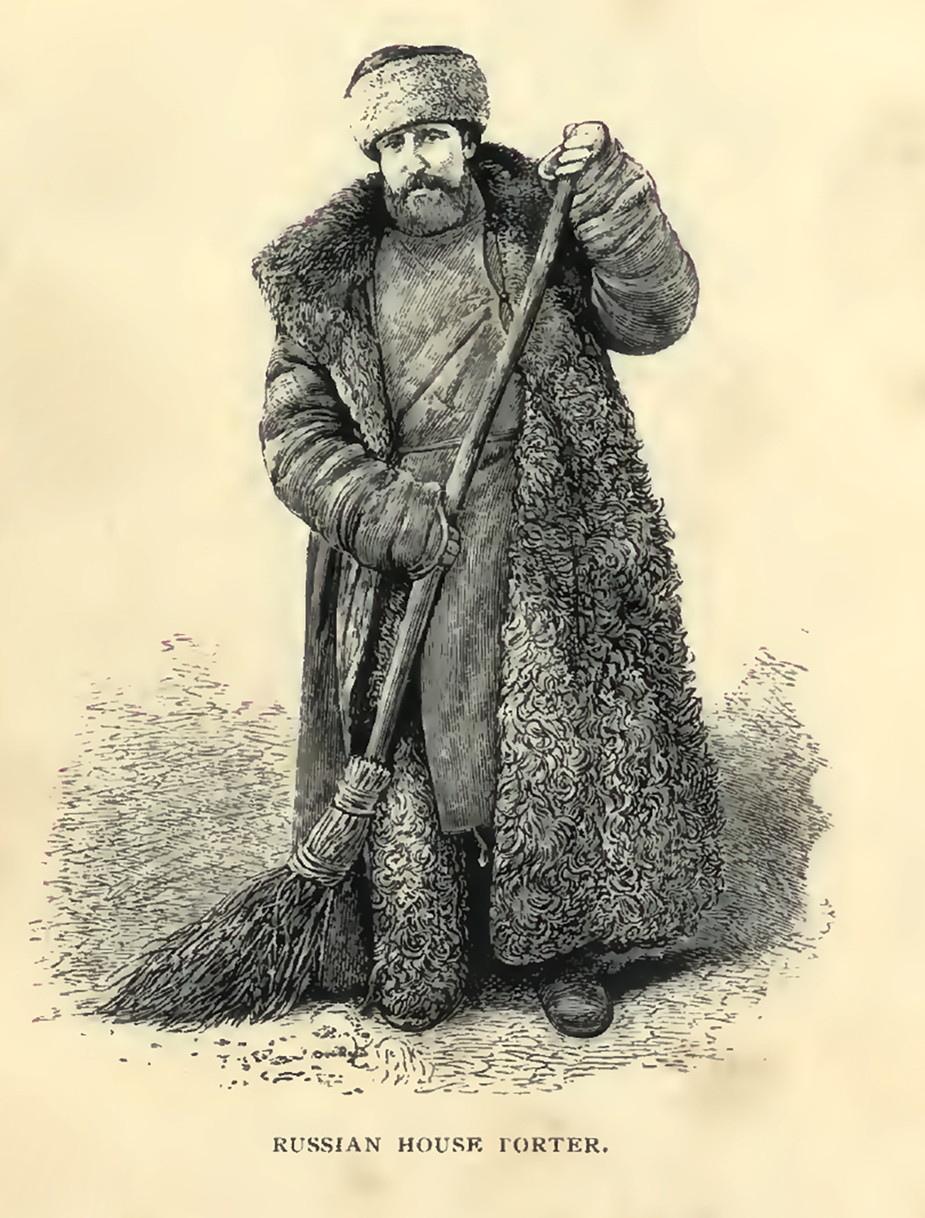  Russian House Porter. Illustration in Around the Kremlin; or, Pictures of life in Moscow by Lowth, G. T. (George T.). Published in 1868. Source: Photo: California Digital Library