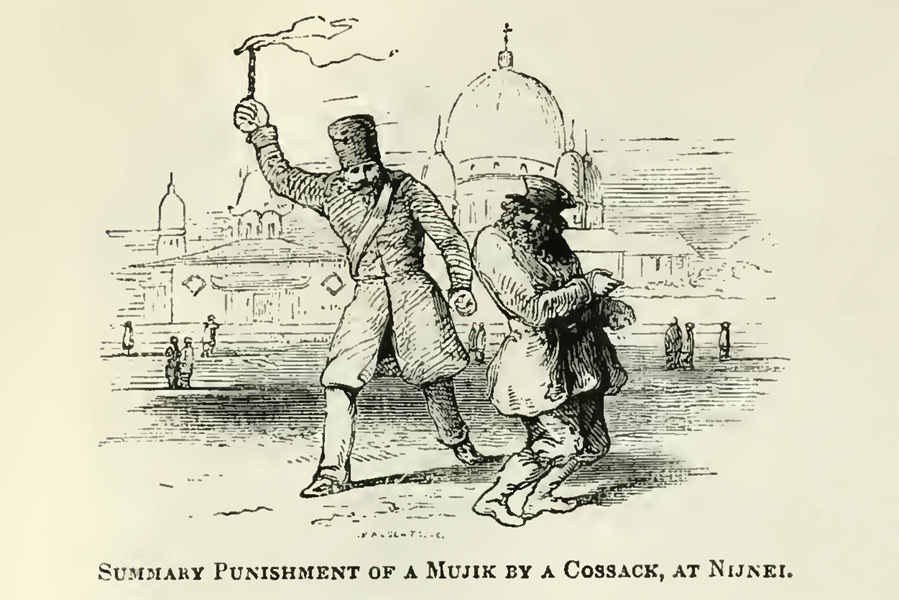 Ch&acirc;timent sommaire d&#39;un moujik par un Causaque &agrave; Nijni Novgorod. Illustration tir&eacute;e du livre Une description illustr&eacute;e de l&#39;Empire russe&nbsp;: Ses caract&eacute;ristiques g&eacute;ographiques, ses divisions politiques, ses principales villes et villages, us et coutumes, r&eacute;sum&eacute; historique, etc.&nbsp;par Robert Sears, 1810-1892, publi&eacute; en 1855.n