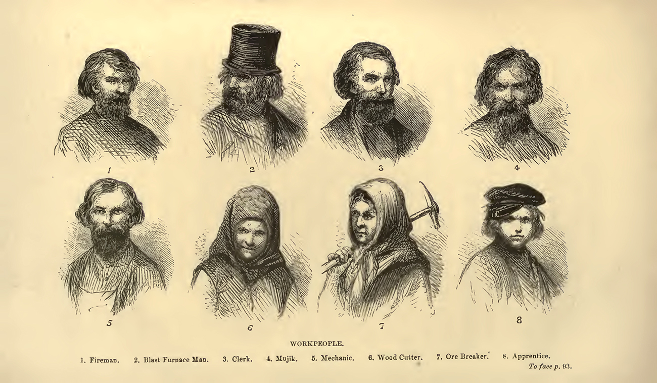 Russian workpeople. Illustration in "Ivan at home; or, Pictures of Russian life" by Herbert Barry. Published in 1872. Source: University of California Libraries