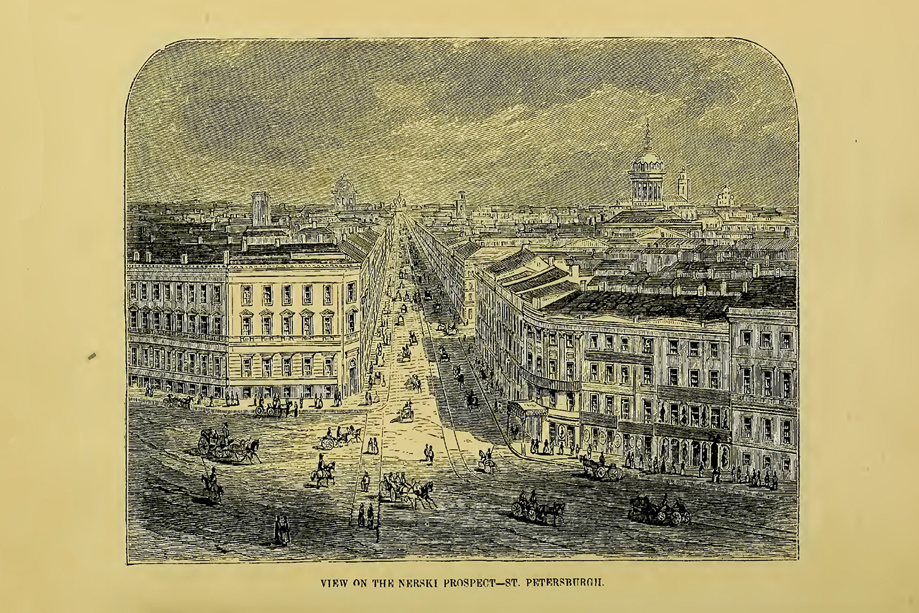 View on the Nevsky Prospect - St. Petersburg. Illustration in “Overland through Asia. Pictures of Siberian, Chinese, and Tartar life” by Thomas Wallace Knox, 1835-1896. Published in 1870. Source: The Library of Congress