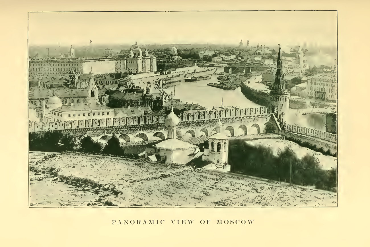 Panoramic view of Moscow. Illustration in ‘Russia: its history and condition to 1877’ by Sir Donald Mackenzie Wallace, 1841-1919; Published in 1910. Source: Getty Research Institute