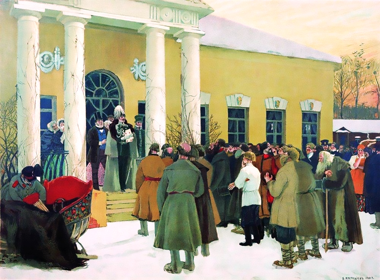 Liberation of peasants by Kustodiev. 1907. / Source: Illustrated Russian history