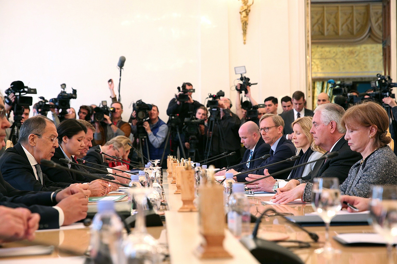 Russian Foreign Minister Sergey Lavrov gives his opening statement during a bilateral meeting with U.S. Secretary of State Rex Tillerson at the Osobnyak Guest House April 12, 2017 in Moscow, Russia. Source: ZUMA Press/Global Look Press