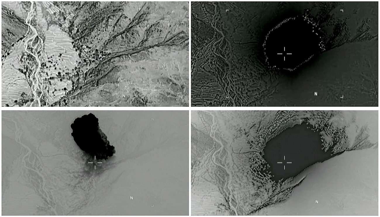 A combination of still images taken from a video released by the U.S. Department of Defense on April 14, 2017 shows (clockwise) the explosion of a MOAB when it struck the Achin district of the eastern province of Nangarhar, Afghanistan. Source: Reuters